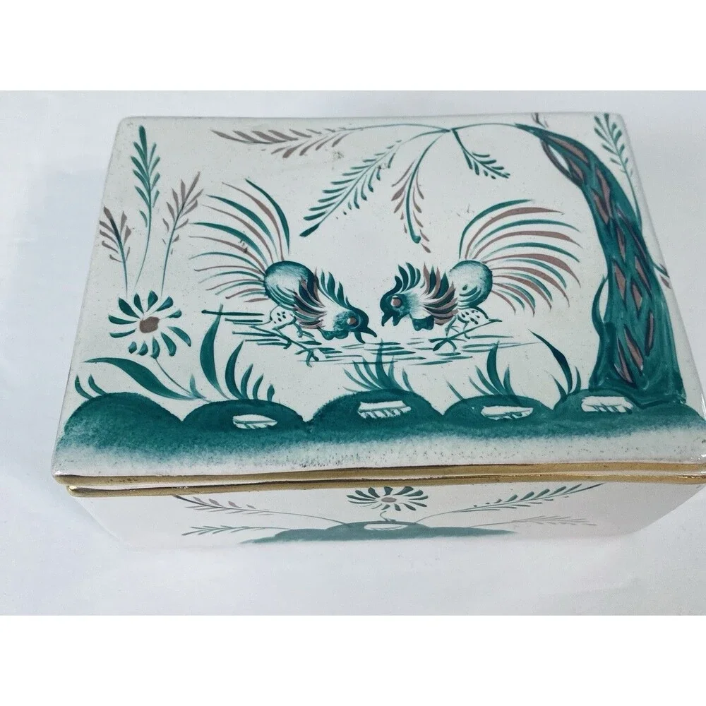 VTG  Porcelain trinket Box Roster  Bird Flower  Green W Gold Trim Italy ARS 792